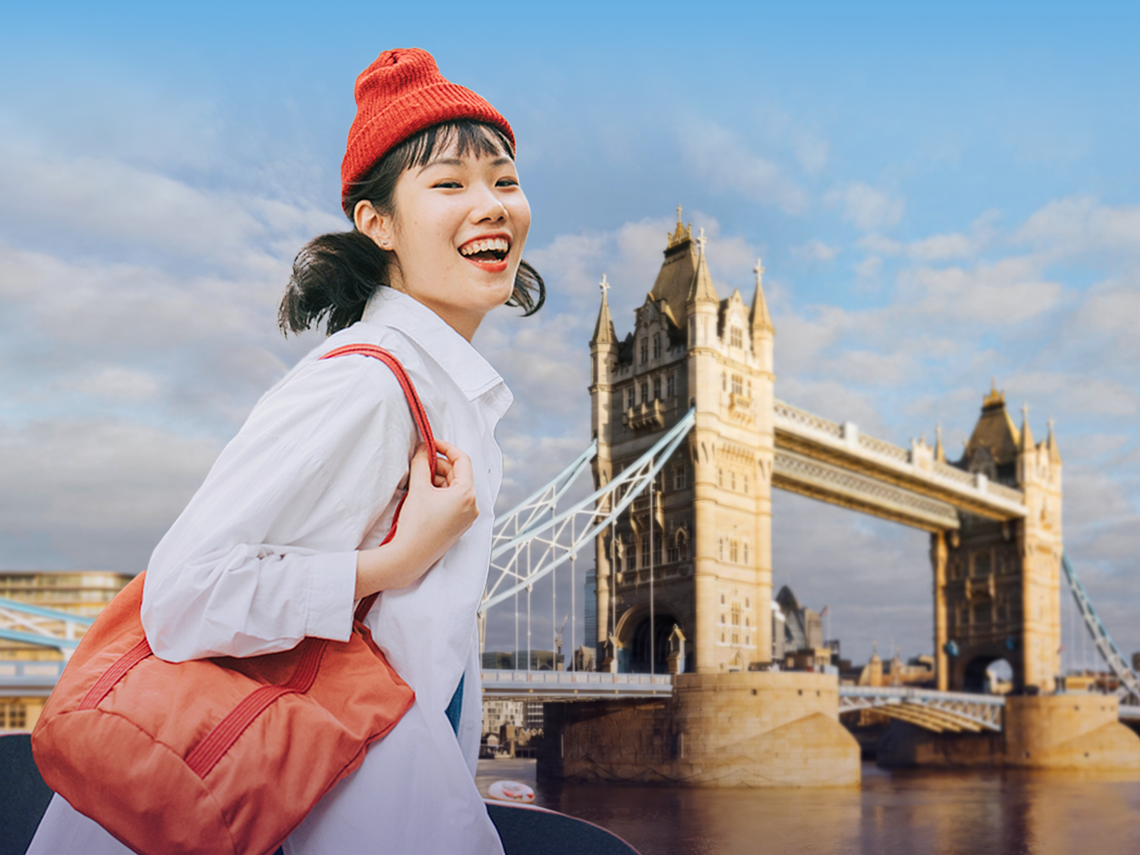 Picture of a smiling student overlaid with the words 'Stop worrying about interviews, start planning for future abroad'
